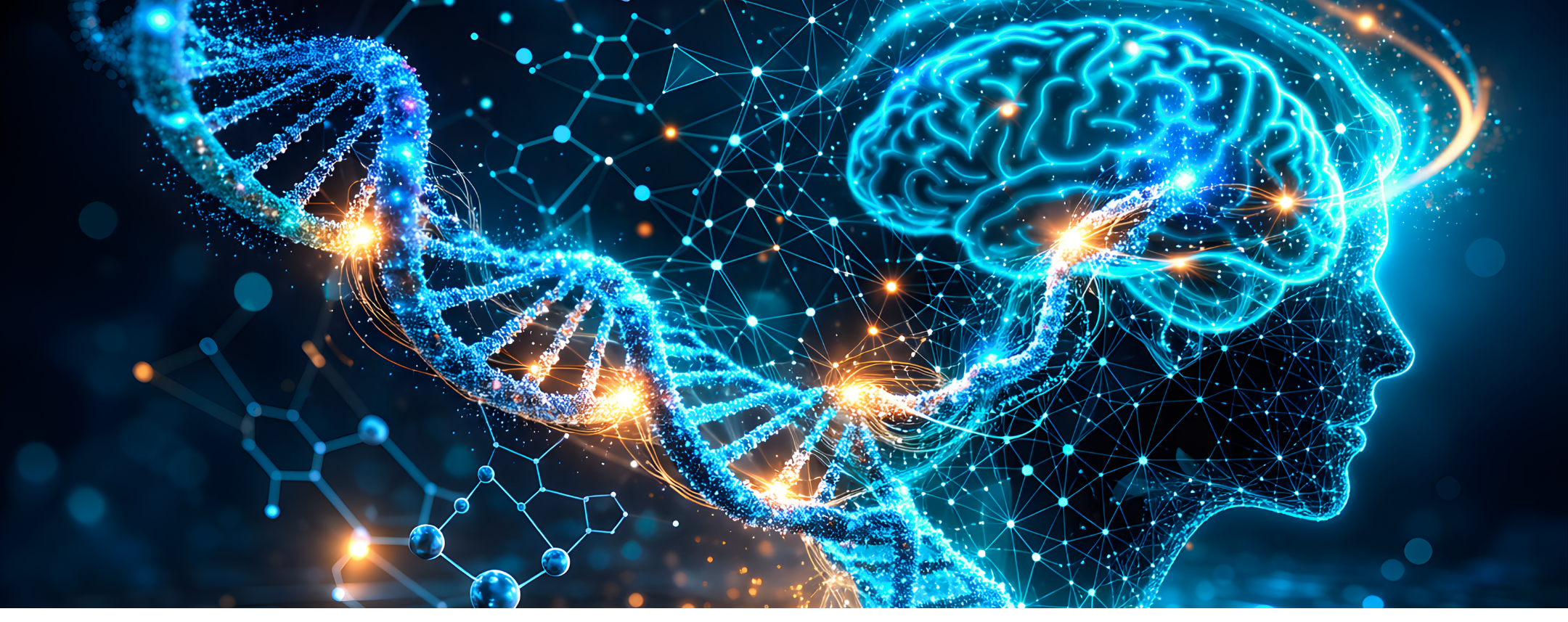 Elica di DNA luminosa collegata a un cervello umano stilizzato con reti neurali