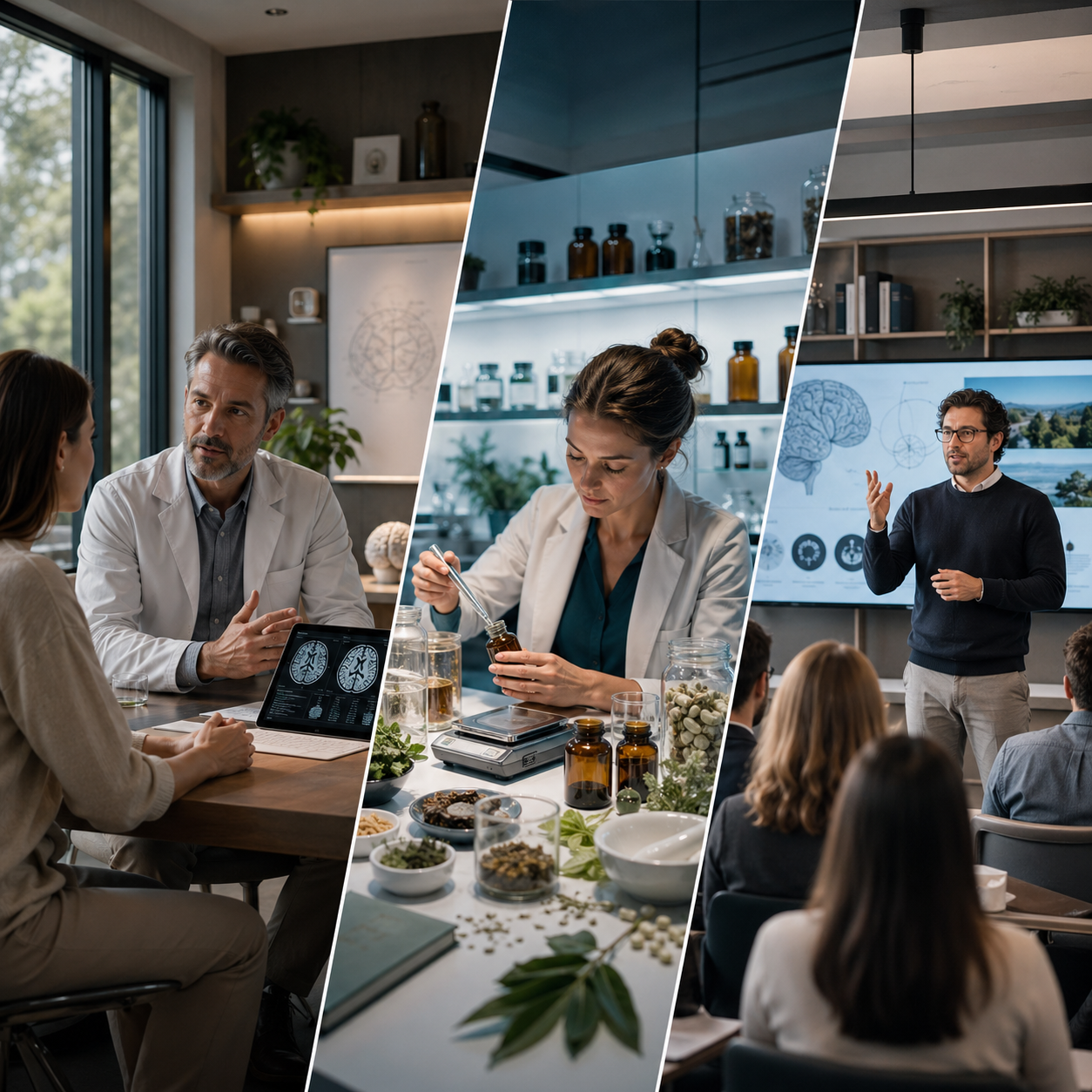 Triptych showing a doctor consult, a scientist preparing herbal extracts, and a lecturer presenting to a class
