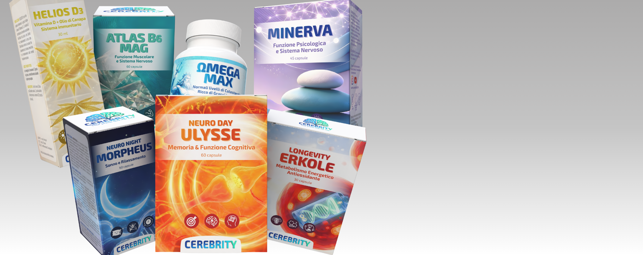 Assorted colorful supplement boxes and a white bottle arranged against a gradient background